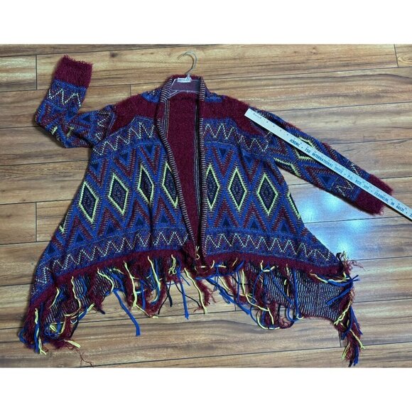 Luxmi Bohemian Fringe Open-Front Cardigan Sweater Aztec Pattern Multicolor - Picture 6 of 9